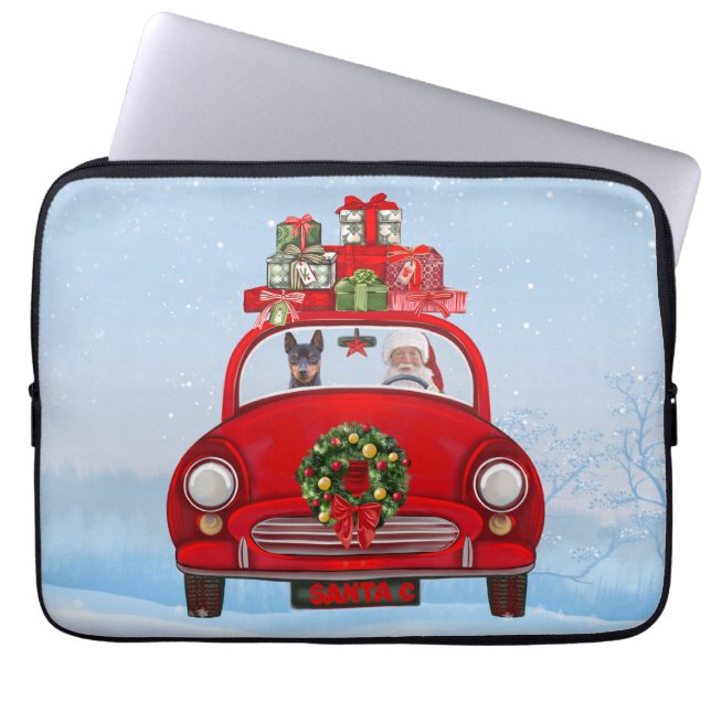 Miniatur Pinscher Hund in Auto mit dem Weihnachtsm Laptopschutzhülle (Vorderseite)