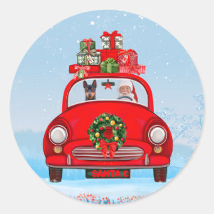 Miniatur Pinscher Hund in Auto mit dem Weihnachtsm Runder Aufkleber