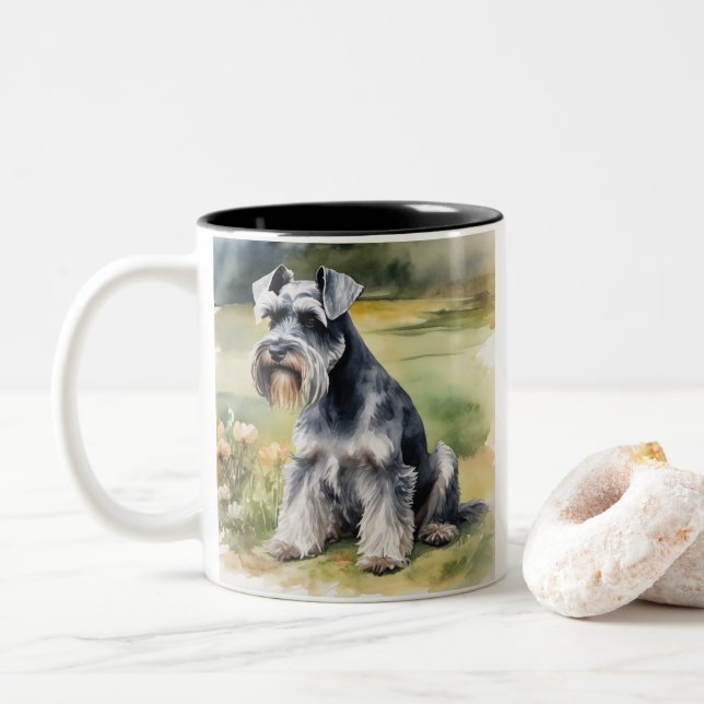 Miniatur Schnauzer im Garten - Wasserfarbe Zweifarbige Tasse (Mit Donut)