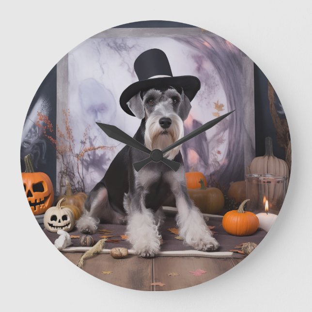 Miniatur Schnauzer Pumpkins Halloween Beängstigend Große Wanduhr (Vorderseite)