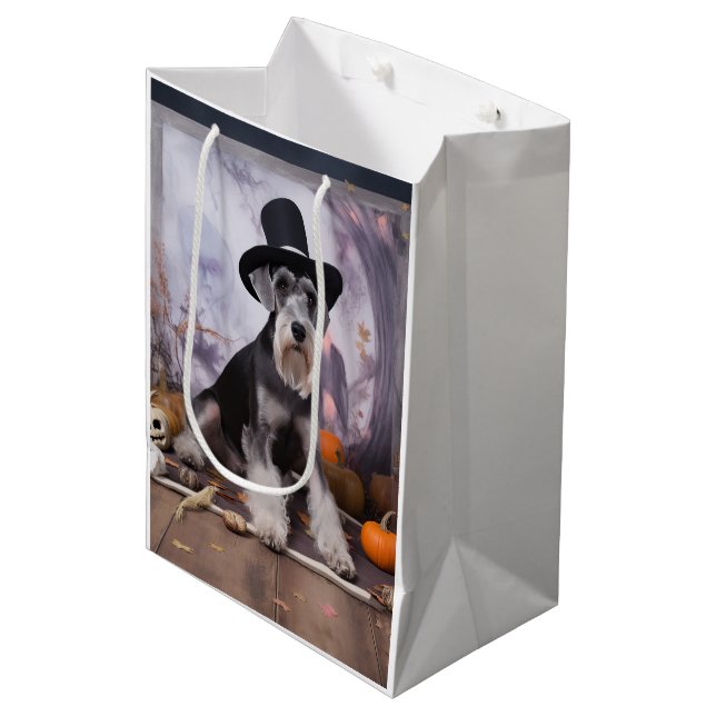 Miniatur Schnauzer Pumpkins Halloween Beängstigend Mittlere Geschenktüte (Vorderseite Schrägansicht)