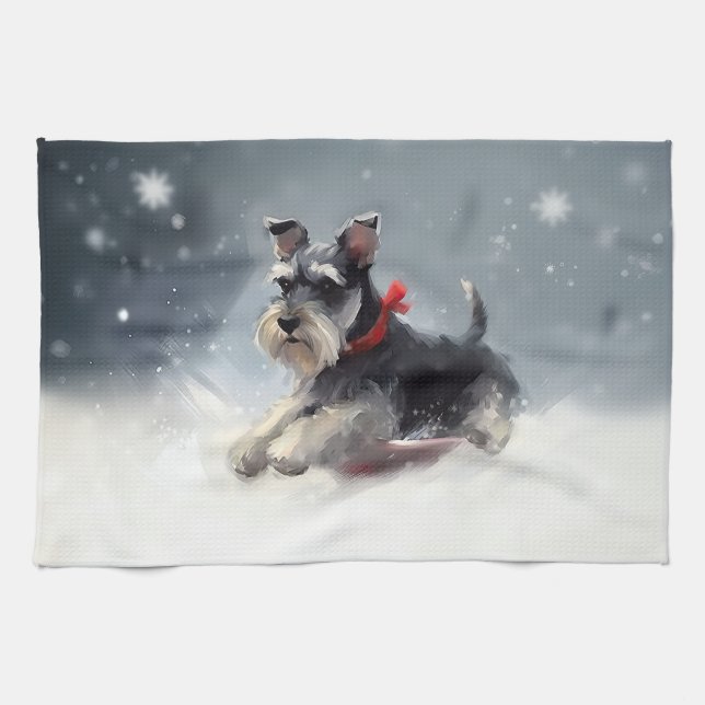 Miniatur Schnauzer Weihnachtsschnee Winter Geschirrtuch (Horizontal)