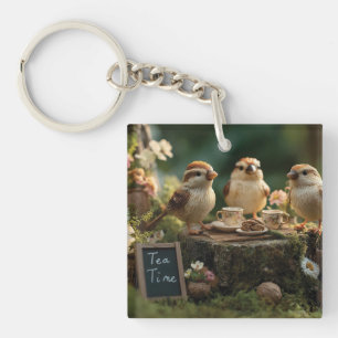Miniatur-Vogel-Figuren bei einer Wald-Teeparty Schlüsselanhänger