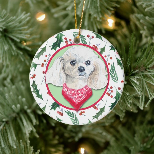 Miniatur White Poodle Holly Border Keramik Ornament (Baum)