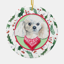 Miniatur White Poodle Holly Border Keramik Ornament
