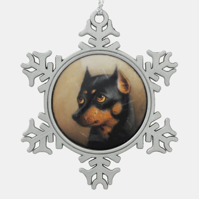 MINIATURE HUND PORTRAS Pincher Schneeflocken Zinn-Ornament (Vorderseite)