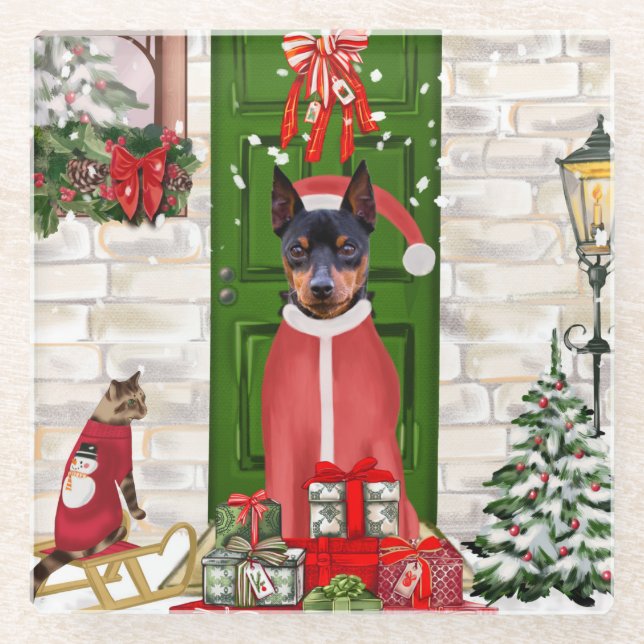 Miniature Pinscher Dog Weihnachten Glasuntersetzer (Vorderseite)