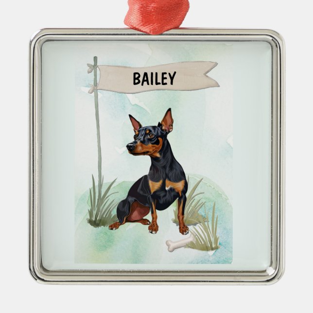 Miniature Pinscher Watercolor Personalized Dog Ornament Aus Metall (Vorne)