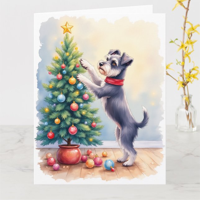 Miniature Schnauzer Decorating Christmas Tree Dog  Karte (Gelbe Blume)