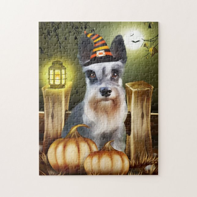 Miniature Schnauzer Dog mit Hexenhut Halloween (Vertikal)