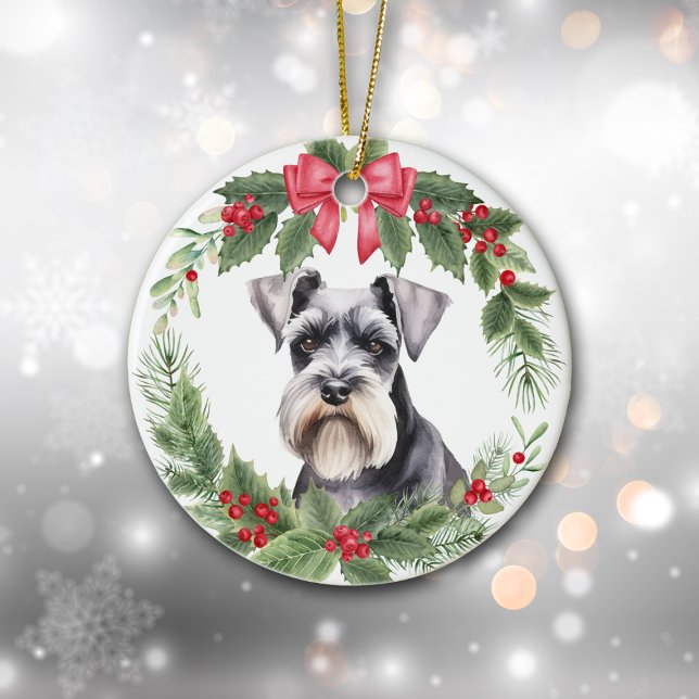 Miniature Schnauzer Terrier Red Bow Wreath Keramik Ornament (Von Creator hochgeladen)