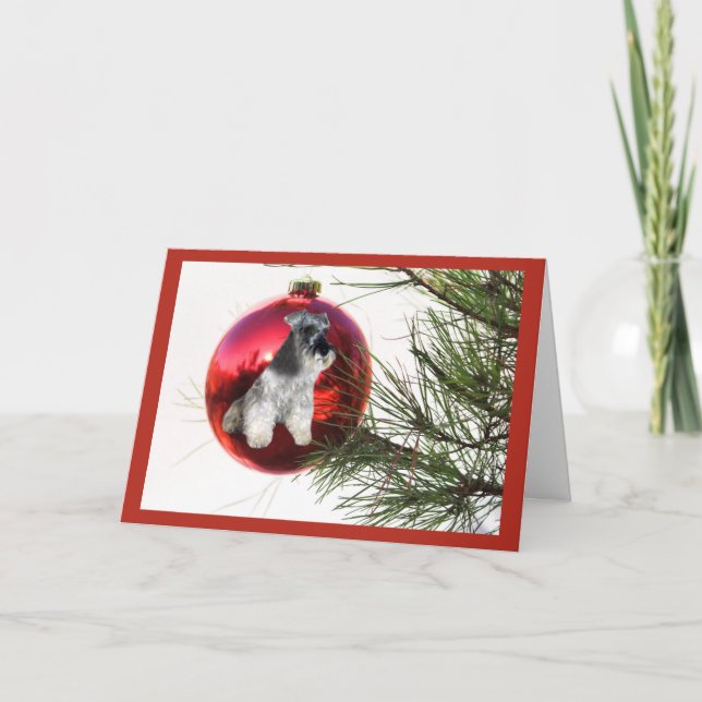 Miniature Schnauzer Weihnachtskarte Ball Hanging Feiertagskarte (Vorderseite)