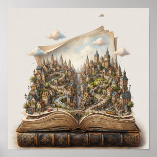 Miniaturstadt in einem offenen Buch – Surreal Fant Poster