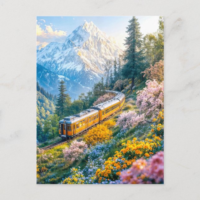 Miniaturzug im blühenden Alpenfrühling Feiertagspostkarte (Vorderseite)