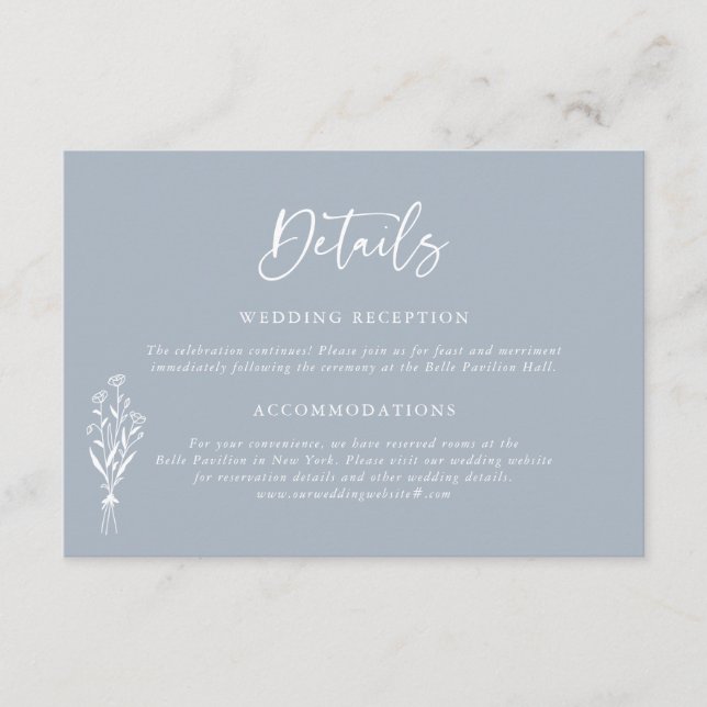 Minimailist Bouquet Dusty Blue Wedding Details Begleitkarte (Vorderseite)
