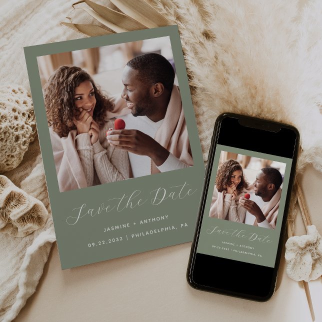 Minimal 1 Foto Script Sage Green Save The Date (Von Creator hochgeladen)