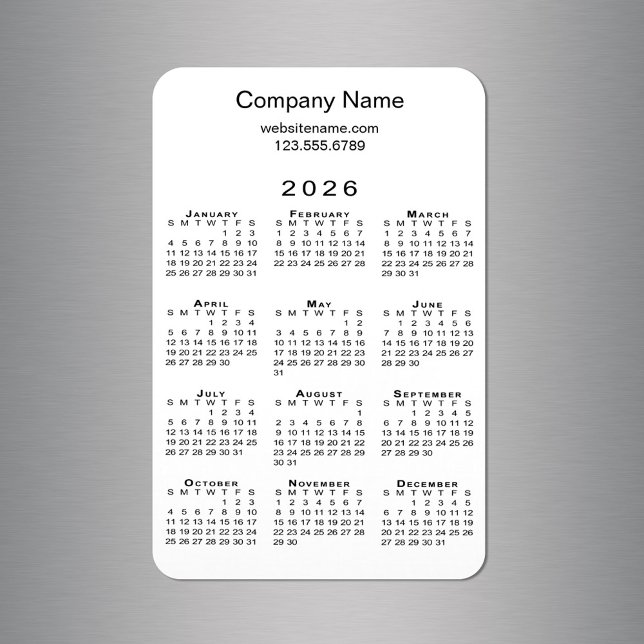 Minimal 2026 Kalender Firmenname Info über White Magnet (Minimal 2026 Calendar Company Name Info on White Magnet in situ)