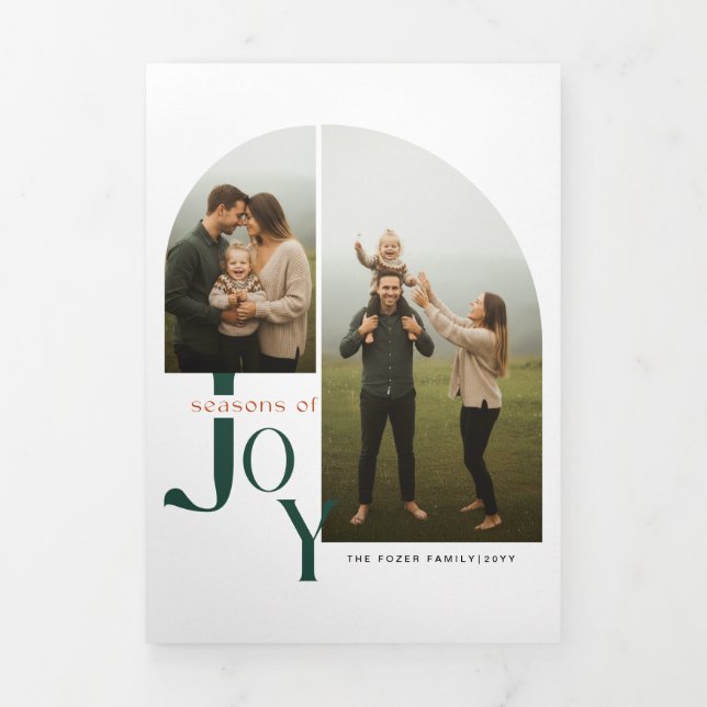 Minimal 2 Photo Green Family Christmas Dreifach Gefaltete Urlaubskarte (Cover)