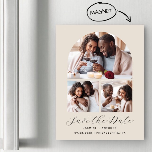 Minimal 3-Foto-Arch Beige Save the Date Magneteinladung (Von Creator hochgeladen)