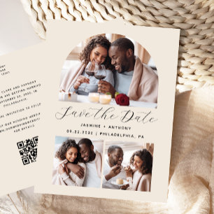 Minimal 3 Foto Arch QR-Code Beige Save the Date Postkarte