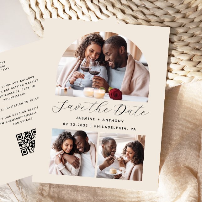 Minimal 3 Foto Arch QR-Code Beige Save the Date Postkarte (Von Creator hochgeladen)