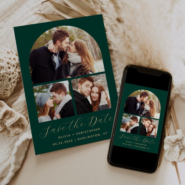 Minimal 3-Foto Collage Arch Emerald Green Gold Save The Date (Von Creator hochgeladen)