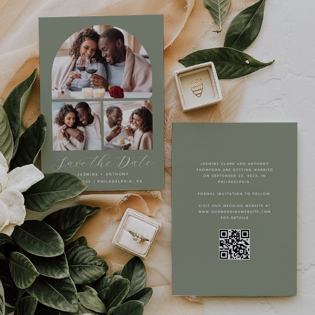 Minimal 3-Foto Collage Arch QR Code Sage Green Save The Date (Von Creator hochgeladen)