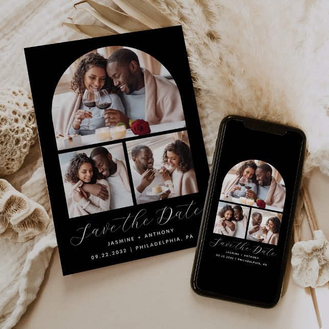 Minimal 3-Foto Collage Arch Schwarz und Weiß Save The Date (Von Creator hochgeladen)