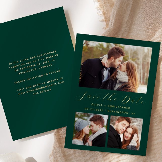 Minimal 3-Foto Emerald Green Gold Save the Date Folieneinladung (Von Creator hochgeladen)