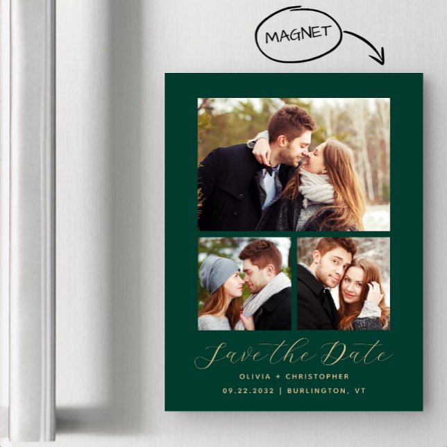 Minimal 3-Foto Emerald Green Gold Save the Date Magneteinladung (Von Creator hochgeladen)