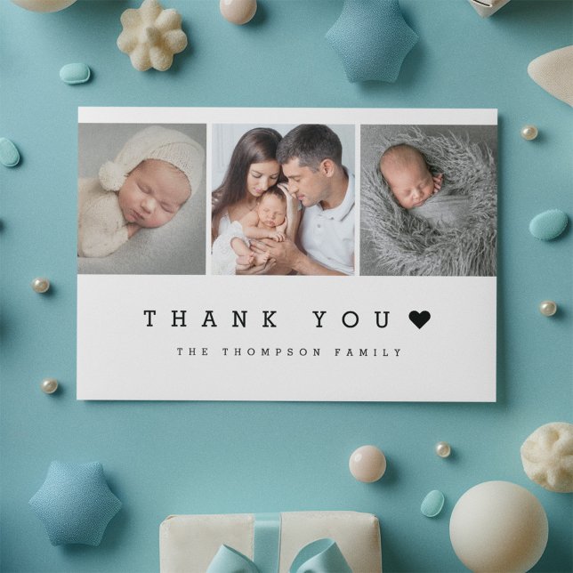 Minimal 3 Foto mit Herz New Baby Dankeskarte (Simple baby boy photo thank you card with heart.)