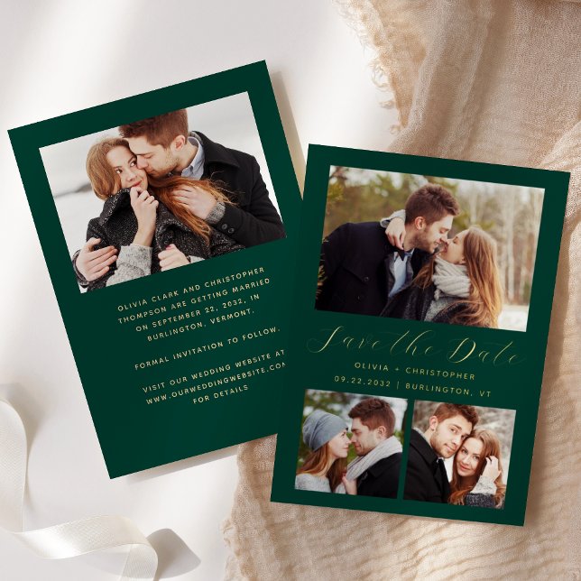 Minimal 4-Foto Emerald Green Gold Save the Date Folieneinladung (Von Creator hochgeladen)