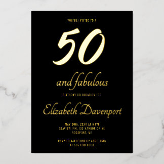 Minimal 50 and Fabulous Black and Gold Folieneinladung