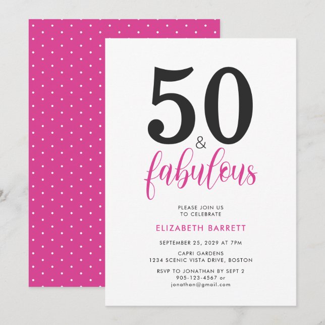 Minimal 50 and Fabulous Pink 50th Birthday Party Einladung (Vorne/Hinten)