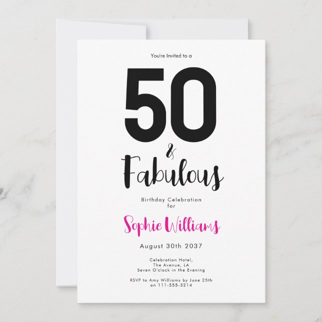 Minimal 50 and Fabulous Pink 50th Birthday Party Einladung (Vorderseite)