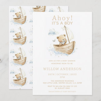 Minimal Ahoy It's A Boy Teddy Segelboot Baby Showe Einladung