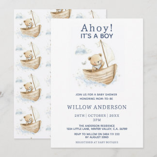 Minimal Ahoy It's A Boy Teddy Segelboot Babyparty Einladung