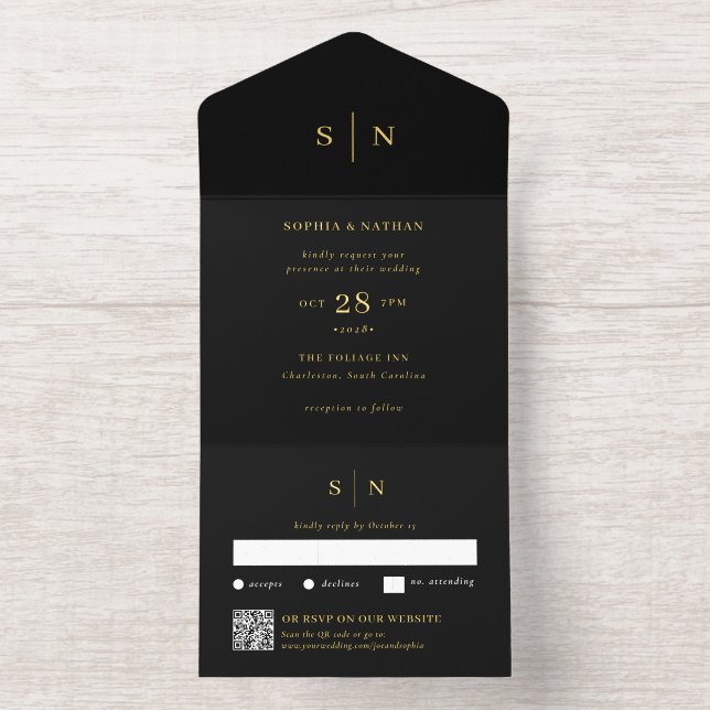 Minimal and Chic Black | QR Code Wedding Gold Foil All-in-One-Einladung (Innenseite)