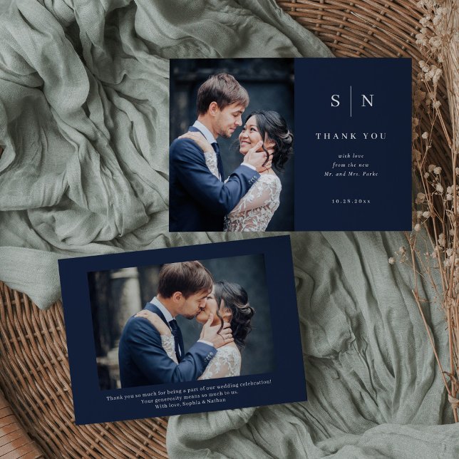 Minimal and Chic | Navy Blue Two Photo Wedding Dankeskarte (Von Creator hochgeladen)