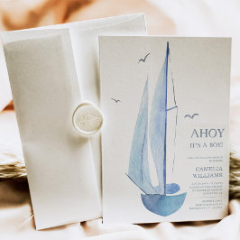 Minimal Aquarelle Sailboat Babydusche Ahoy Boy's Einladung
