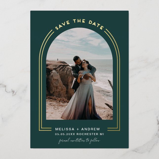 Minimal Arch Save the Date Emerald Green Folieneinladung (Vorderseite)