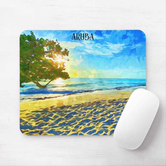 Minimal Aruba Caribbean Island Beach Landschaft Mousepad (Mit Mouse)