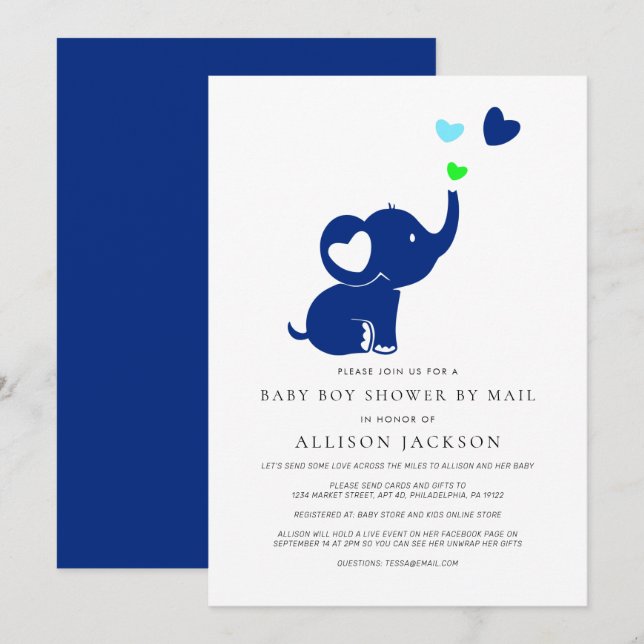Minimal Baby Boy Dusche von Mail Blue Elephant Einladung (Vorne/Hinten)
