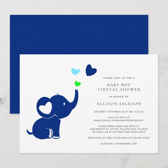 Minimal Baby Boy Virtual Dusche Niedlich Blue Elep Einladung (Vorne/Hinten)