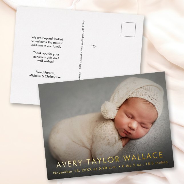 Minimal Baby Foto Geburtsankündigung vielen Dank Folie Einladungspostkarte (Minimal modern baby photo gold foil birth announcement thank you cards.)
