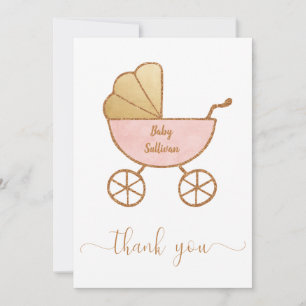 Minimal Baby Girl Dusche Retro Carriage Pink Gold Dankeskarte