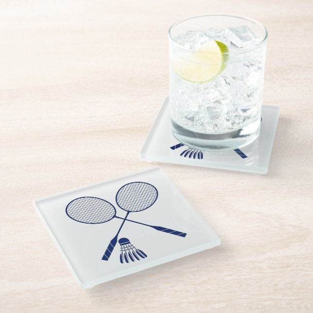 Minimal Badminton Rackets Shuttlecock Birdie Blue Glasuntersetzer (Schrägansicht)