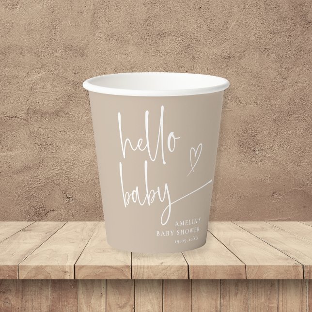 Minimal Beige Hello Baby Moderne Babydusche Pappbecher (Von Creator hochgeladen)
