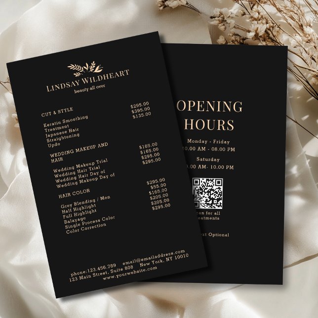 Minimal Black Botanical Salon QR Code Price List Flyer (Minimal Black Botanical Salon QR Code Price List Flyer)