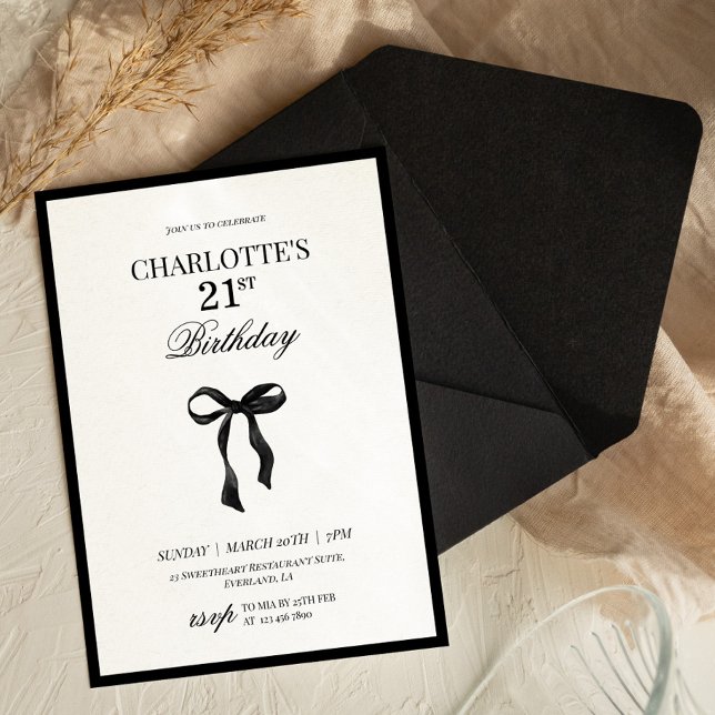 Minimal Black Bow 21th Birthday Invitation (Créateur téléchargé)